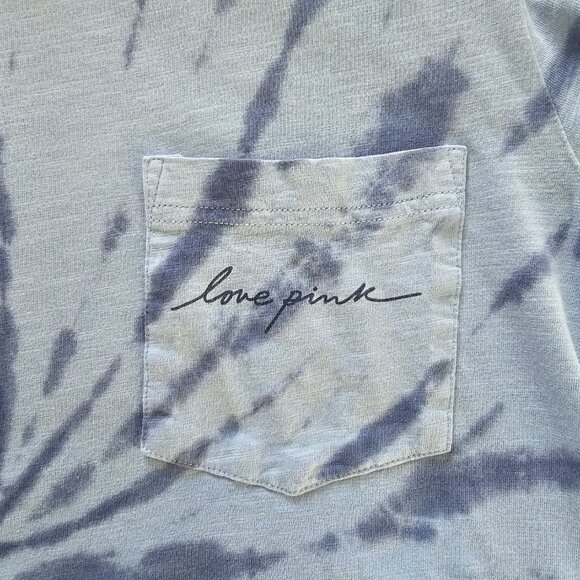 PINK Victoria's Secret Blue Tie Dye Love Pink Pocket Tee Shirt - Picture 4 of 15